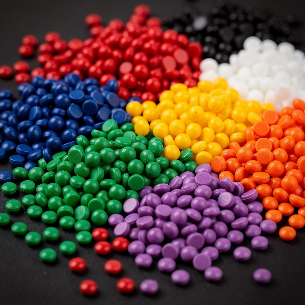 Colorful ABS plastic resin pellets in various colors